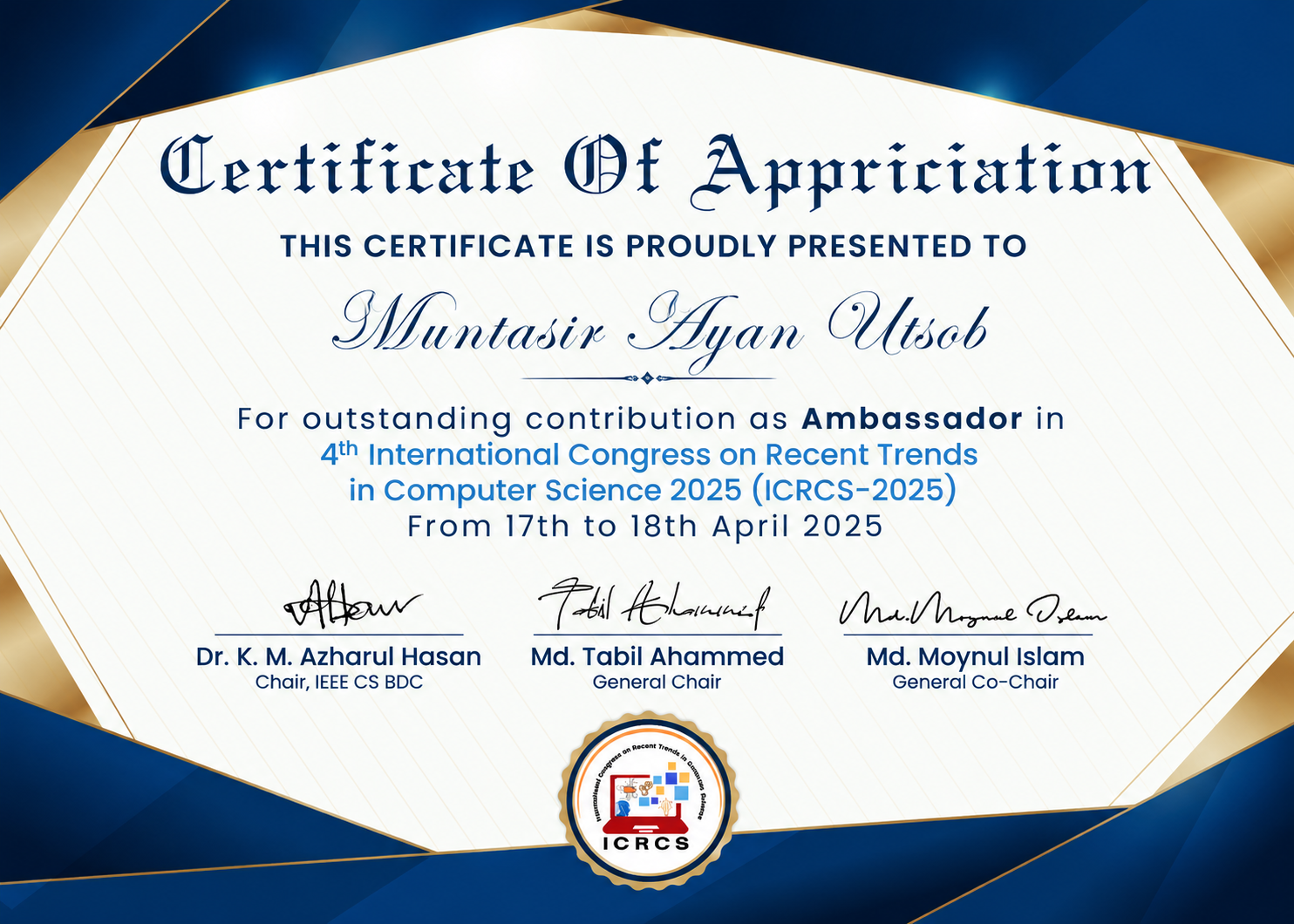 Certificate for outstanding contribution as an Ambassador in 4th International Congress on Recent Trends in Computer Science 2025 (ICRCS 2025) from 17th to 18th April 2025